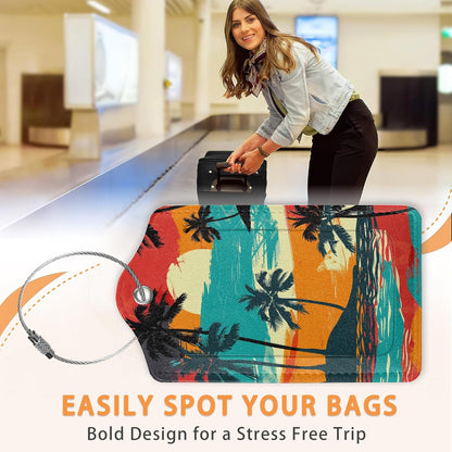 Abstract Beach 3 Pack Luggage Tags for Suitcases, Colorful Tropical Palm Tree Sunset PU Leather Luggage Tag for Travel, Bag Tags with Privacy Name ID Card and Steel Loop for Women Men