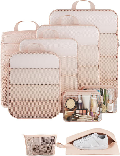 Veken 9/11 Set Compression Packing Cubes for Travel Essentials,Compressible Expandable Large Luggage Suitcase Organizer Bags for Clothing,Durable Space Saver Storage Bags with Toiletry Bags(Beige)