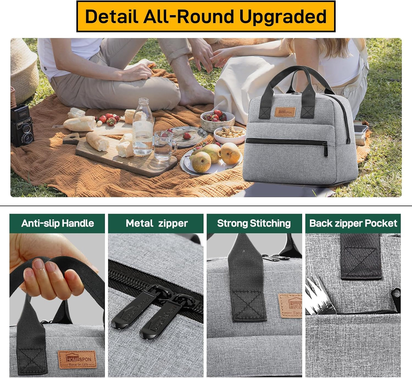 HOMESPON Insulated Lunch Bag for Women Men Lunch Box Cooler Lunch Tote for Work Picnic (Grey)