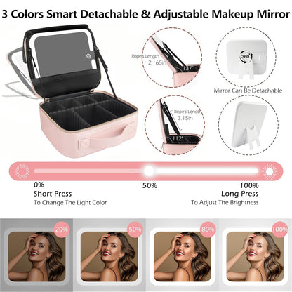MOMIRA Travel Makeup Bag Cosmetic Bag with Lighted Mirror, Adjustable Brightness in 3 Color Scenarios, Waterproof, 10x Magnifying Mirror, Rotatable Independent Light Mirror- Phosphor(Solid)