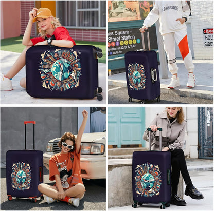 ANNA QUEEN World Landmarks Luggage Cover, Dark Travel-Themed Suitcase Protector with Airplane & Globe Design, Stretchable, Washable Luggage Sleeve for 24-26 Inch Suitcases