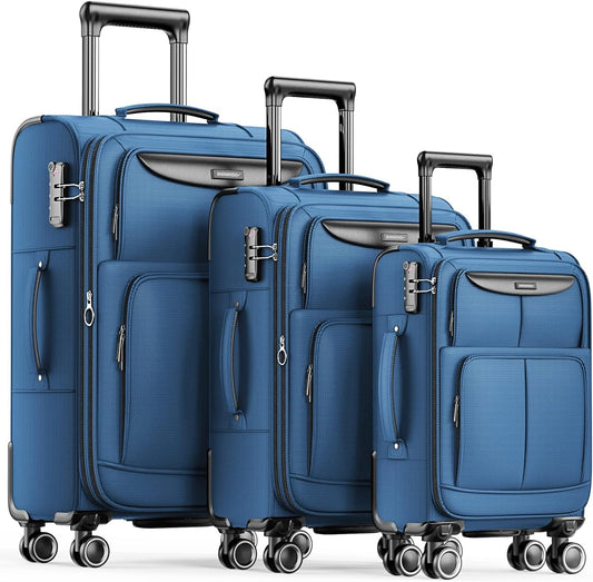 SHOWKOO Luggage Sets 3 Piece Softside Expandable Lightweight Durable Suitcase Sets Double Spinner Wheels TSA Lock Sky Blue (20in/24in/28in)