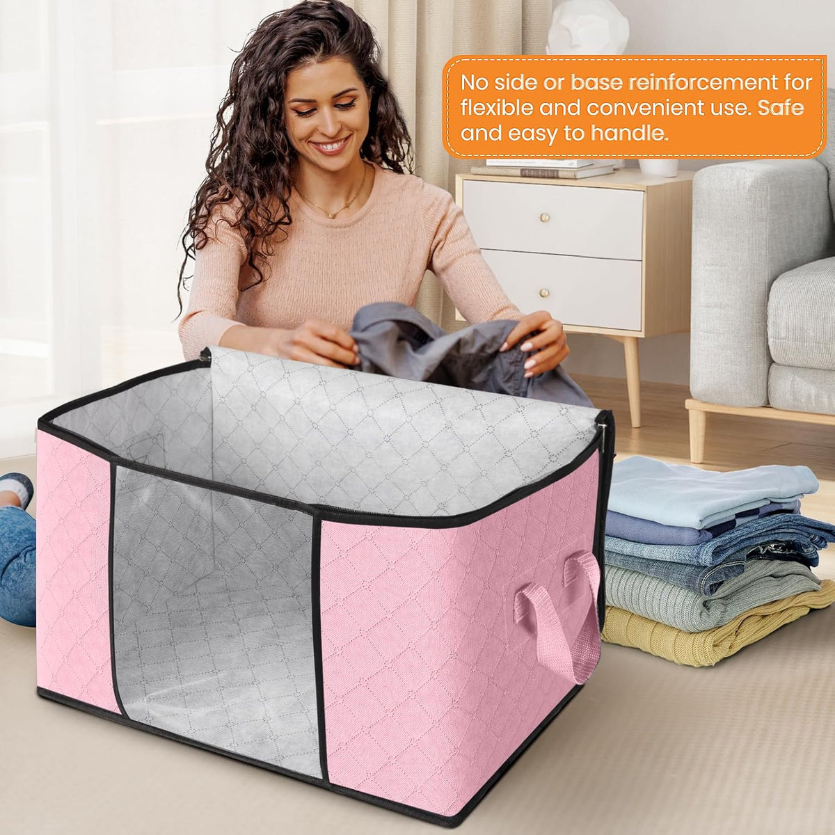 Fab totes 24 Gallons Clothes Storage, Foldable Thick Fabric Blanket Storage Bags, Containers for Organizing Bedroom, Closet, Clothing, Comforter, Organization with Handle (4 Pack,Pink)