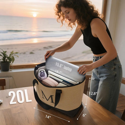 KALIDI Woven Tote Bag for Women, Lightweigh Monogram Beach Bag with Zipper & Sand-Proof Canvas Base, Personalized Gift