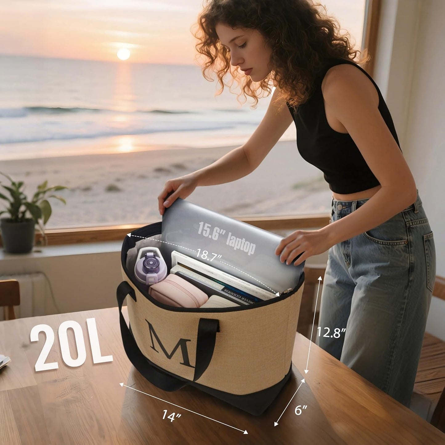 KALIDI Woven Tote Bag for Women, Lightweigh Monogram Beach Bag with Zipper & Sand-Proof Canvas Base, Personalized Gift