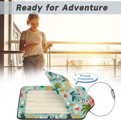 2 Pack Leather Luggage Tag for Suitcase Spring Flowers Leaves Berries Unique Travel Tags with Privacy Cover ID Label & Stainless Steel Loop for Men and Women Baggage