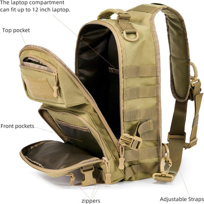 15L Tactical Crossbody Sling Bag | Everyday One Shoulder Backpack Fit 12 Inch Laptop, Molle, Daily Use, Travel, Hiking (Tan)