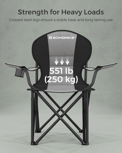 SONGMICS Folding Camping Chair, with Comfortable Sponge Seat, Cup Holder, Heavy Duty Structure, Max Load Capacity 551 lb, Outdoor Picnic Chair, Gray and Black UGCB006G01