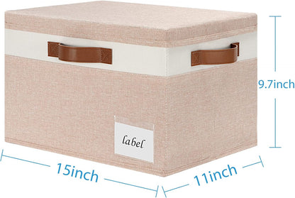 Large Storage Bins with Lids, Foldable Fabric Storage Baskets with Lids, Sturdy Storage Boxes with Labels and 3 PU Handles for Closet Home Bedroom Office (26L, 3 Packs, Pink&White)