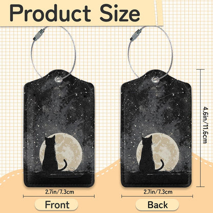 3 Pack Black Cat Luggage Tags for Suitcases, Moon Night Cute Leather Name Tag with Privacy Cover with Stainless Steel Loops, Travel ID Bag Tags for Women Men