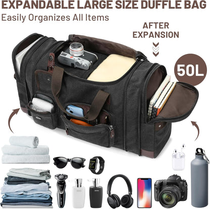 Travel Duffle Bag for Men, Heavy Duty Canvas Duffle Bag, Carryon Bags for Airplanes, Expandable Vintage Leather Overnight Luggage Weekender Bag, Waterproof Anti-tear Canvas Bag