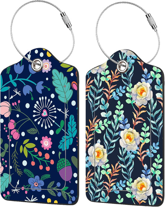 2 Pack Beautiful Floral Luggage Tags for Suitcases,Watercolor Flowers Leather Baggage Suitcases Tag Name ID Label Privacy Cover Travel Bag Tags for Women Men Boys Girls