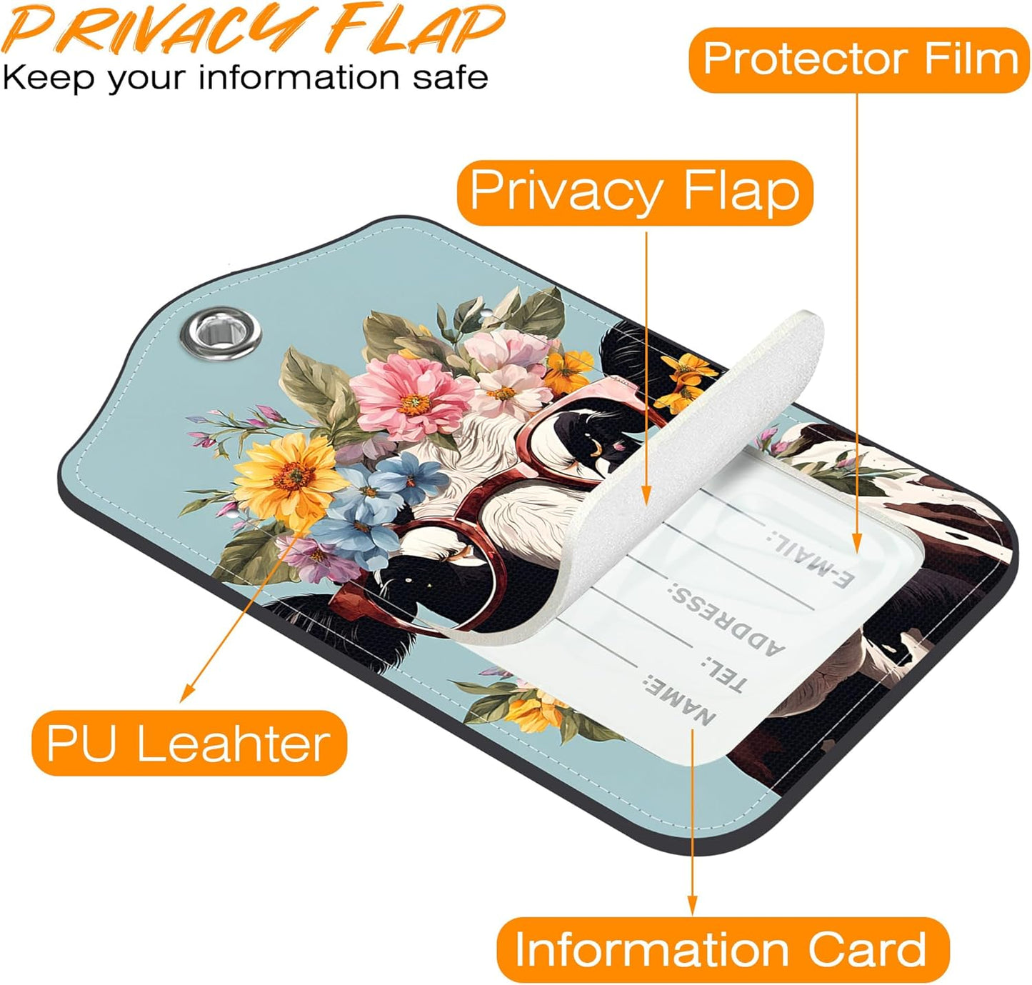 2 Pack Luggage Tag for Suitcase Cool Cow in Sunglasses Leather Travel Cruise Luggage Tag with Stainless Steel Loop Name ID Label Privacy Cover for Adults Teens Travel Bag Labels Set