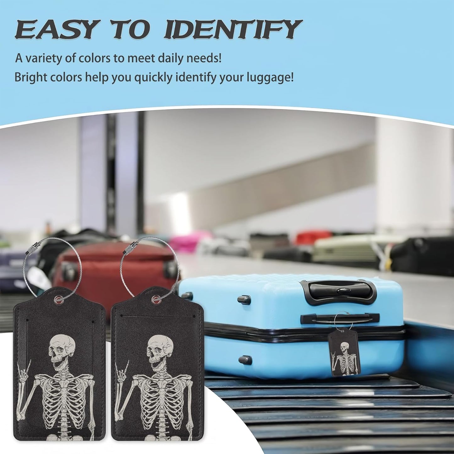 3 Pack Luggage Tag for Suitcase,Rock Roll Skeleton Leather Luggage Tags with Privacy Cover Name ID Label Identifiers Travel Bag Tags for Women Men Boys Girls