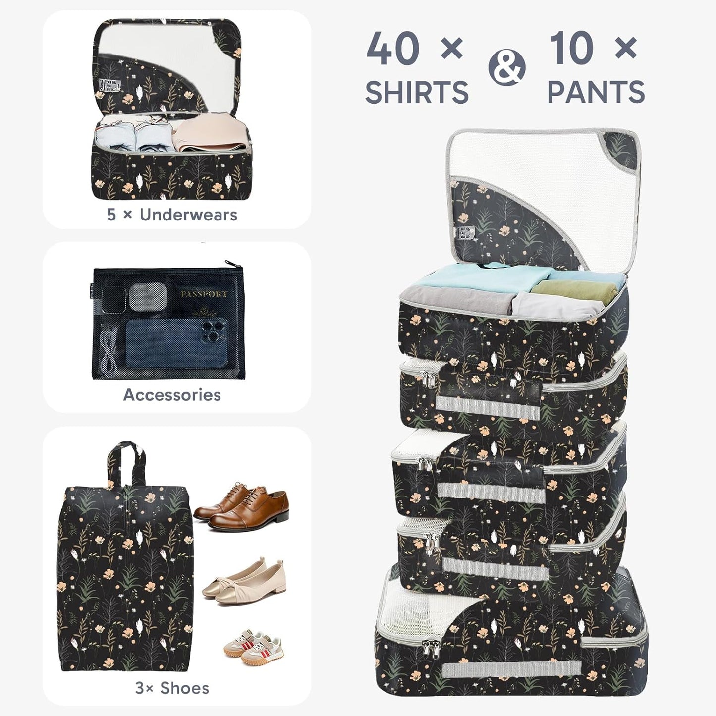 ALL INCLUDED 10 Set Durable Packing Cubes for Suitcases,OlarHike Essentials for Travel,UPGRADED Anti-Tear Stitching, NEW Improved Luggage Packing Organizers for Travel Accessories, Black Flower