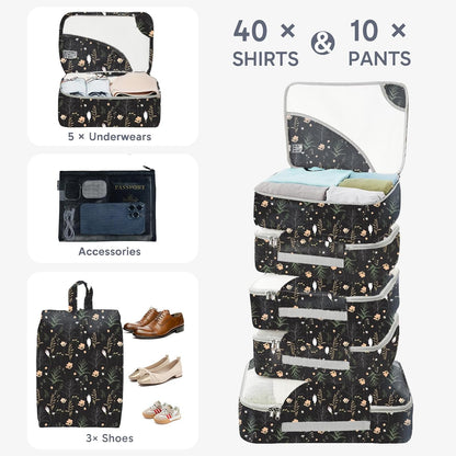 ALL INCLUDED 10 Set Durable Packing Cubes for Suitcases,OlarHike Essentials for Travel,UPGRADED Anti-Tear Stitching, NEW Improved Luggage Packing Organizers for Travel Accessories, Black Flower