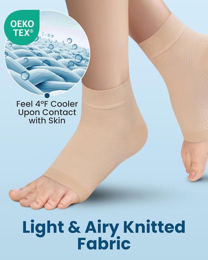 KEMFORD Ankle Compression Sleeve with Cooling Effect - Plantar Fasciitis Braces - Open Toe Compression Socks for Swelling, Sprain, Neuropathy, Arch Support for Men and Women - L, Beige