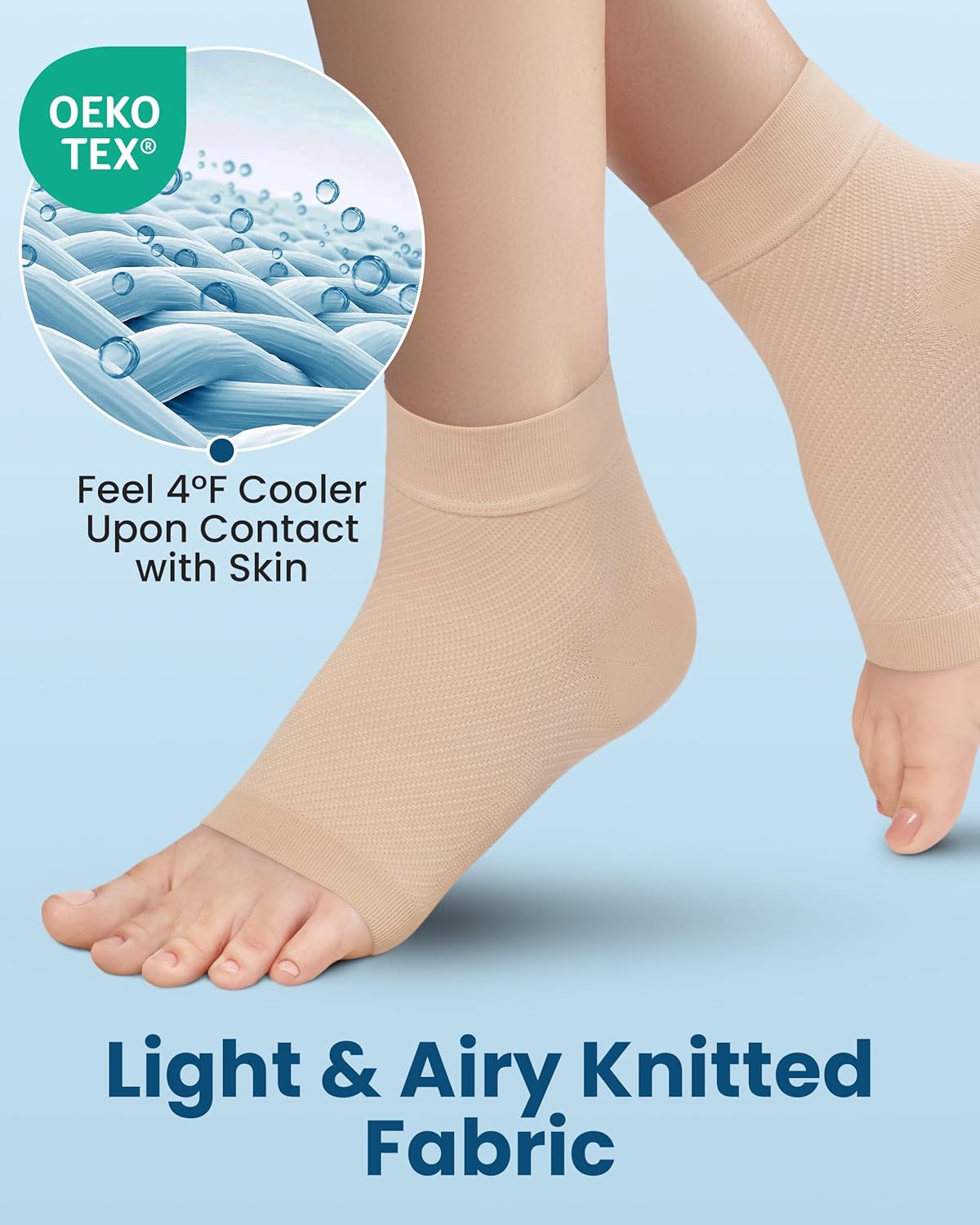 KEMFORD Ankle Compression Sleeve with Cooling Effect - Plantar Fasciitis Braces - Open Toe Compression Socks for Swelling, Sprain, Neuropathy, Arch Support for Men and Women - M, Beige