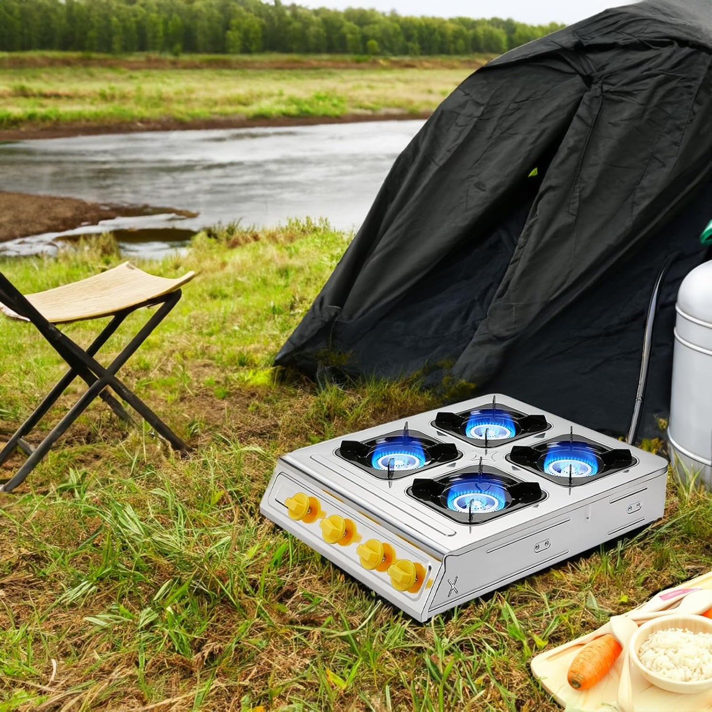 Vivicreate 4 Burner Propane Gas Stove 40000 BTU Stainless Steel Cooktop with Enamel Pan Support Electronic Ignition for Camping Outdoor Cooking BBQ Estufa de Gas Portátil Fogón de Gas