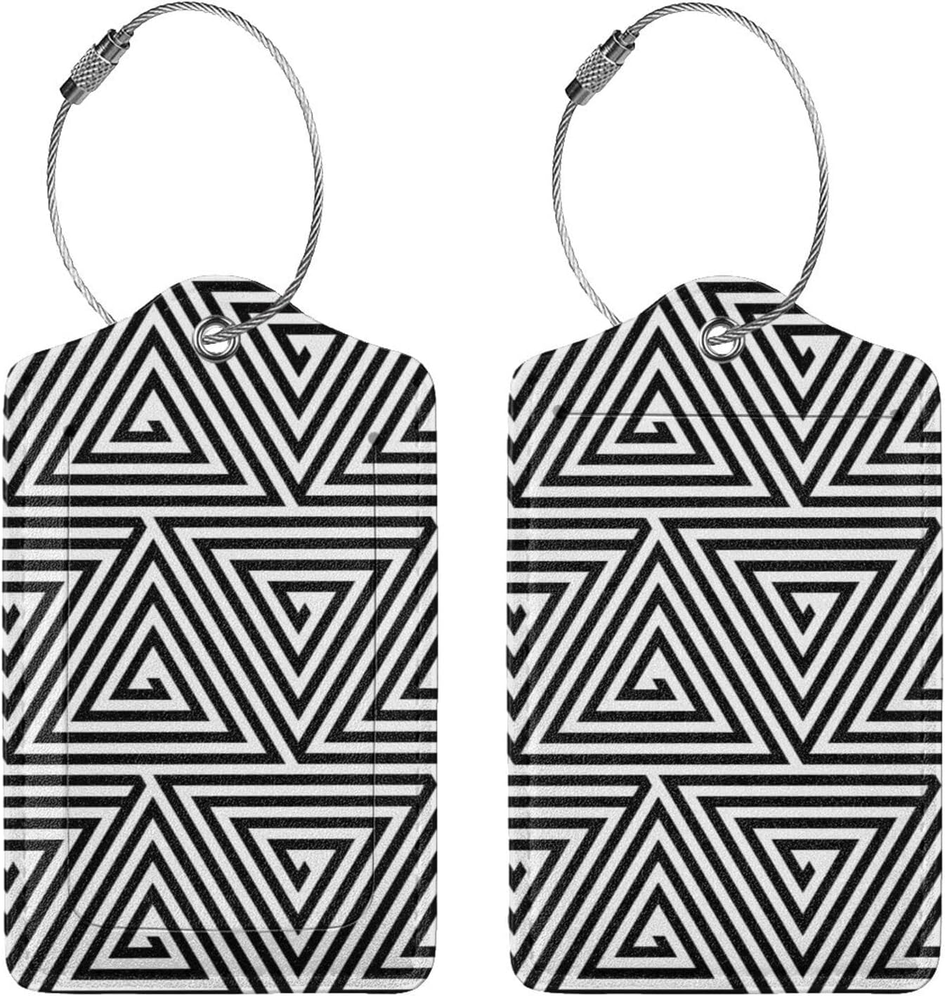2 Pcs Black and White Abstract Patterns Luggage Tag for Suitcase, Seamless Geometric Triangles Birthday Gift, Steel Loop with Privacy Cover ID Label