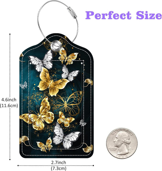 Set of 2 Luggage Tags Golden and White Butterfly Leather Suitcases Tag with Privacy Cover Stainless Steel Loop and Address Card for Women Men Travel