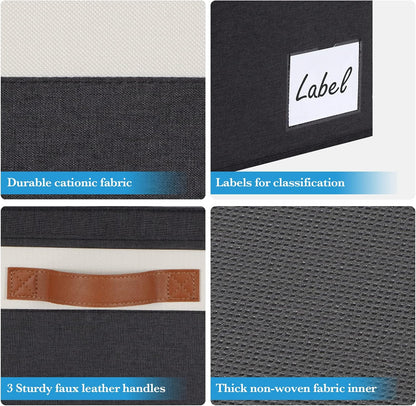 Large Storage Bins with Lids, Foldable Fabric Storage Baskets with Lids, Sturdy Storage Boxes with Labels and 3 PU Handles for Closet Home Bedroom Office (3 Packs, Black&White)