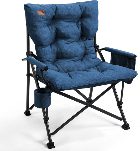 EVER ADVANCED Padded Oversized Folding Camping Chair for Adults, Heavy Duty Lawn Chair with Side Pockets, Portable Collapsible Quad Chair for Outside, Support Up to 500lbs, Blue