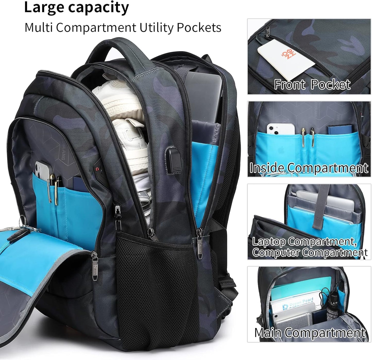 DUSLANG 17 Inch Travel Laptop Backpack Water Resistant Hiking Backpack for Men Laptop Bag with USB Charging Port,Camouflage green