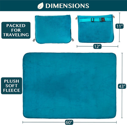 PAVILIA Travel Blanket Pillow, Soft Airplane Blanket 2-IN-1 Combo Set, Plane Blanket Compact Packable, Flight Essentials Car Pillow, Travelers Gifts Accessories Luggage Backpack Strap, 60x43 Teal Blue