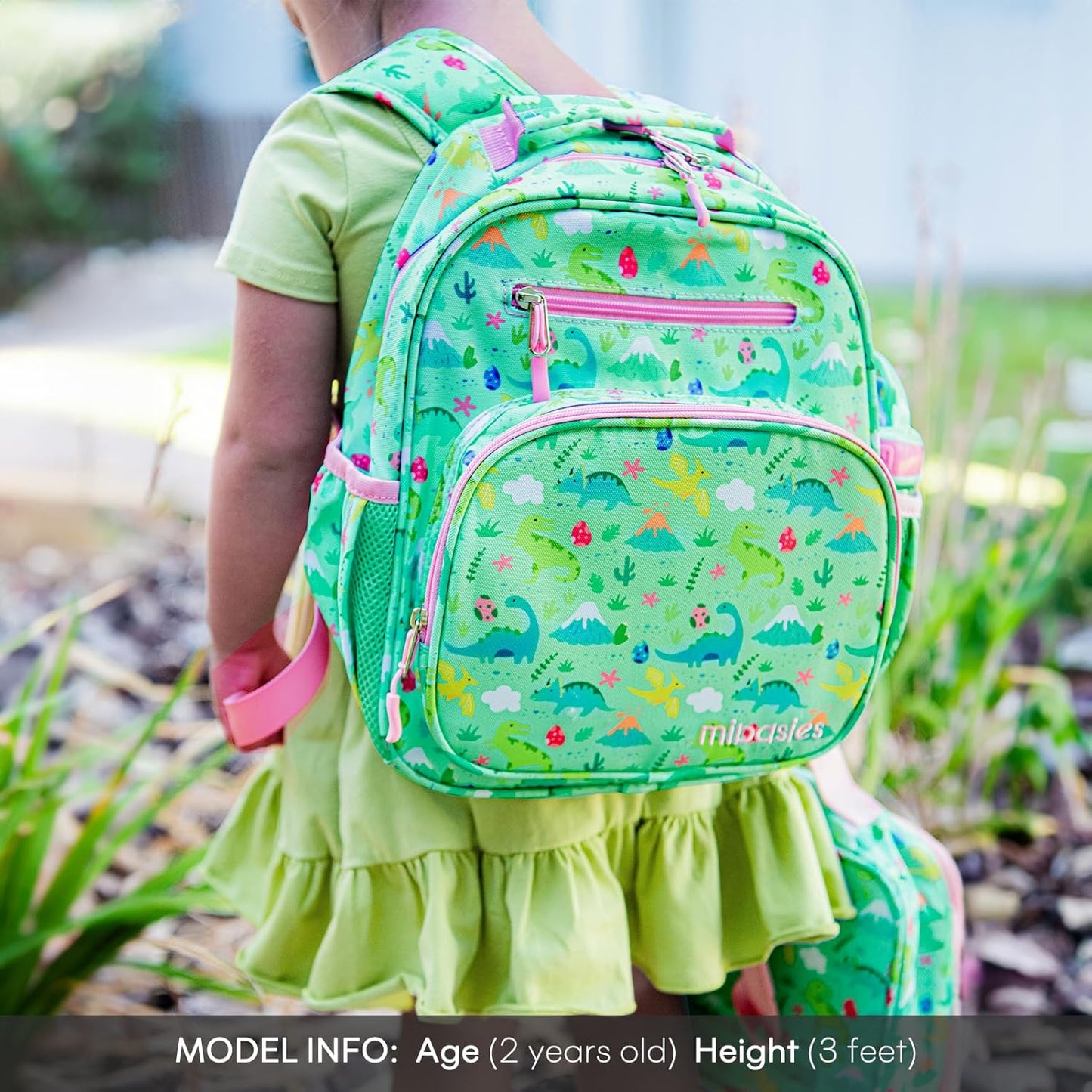 mibasies Toddler Backpack for Girls 2-4: Cute Kids Backpacks for Girls - Preschool Kindergarten Backpack - Dinosaur Forest Light Green