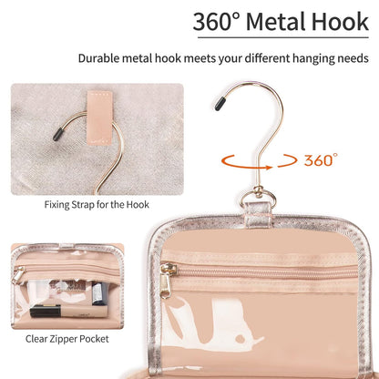 Toiletry Bag for Women - Hanging Travel Toiletry Bag with 360° Hook 3 Compartments Makeup Organizer with Portable Handle PU Leather Water-resistant Cosmetic Pouch