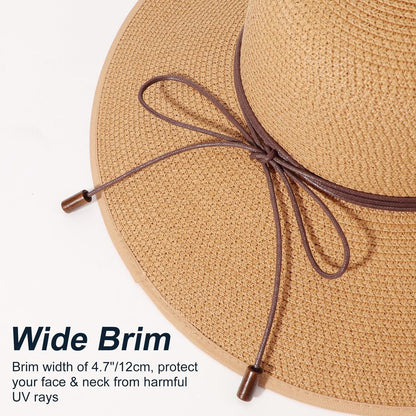 DRESHOW Beach Hats for Women Big Straw Wide Brim Summer Hat Floppy Foldable Roll up Cap Sun Hat UPF 50+