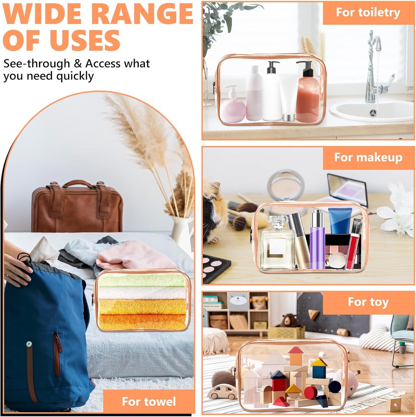 AURUZA 4 Pack Clear Toiletry Bag,Portable Travel Makeup Bags with Zipper, TSA Approved Clear Organizer Bags, PVC Cosmetic Pouch for Airport Airline Compliant (4 Packs Rose Pink)