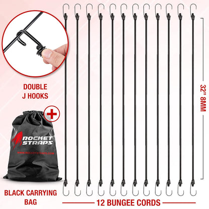Ultimate Outdoor Bungee Cord Assortment - Heavy Duty Set of 12 Bungee Cords Double-J Hooks - Elastic Straps for Camping, Securing, and DIY (12pc - 32" Double J Hooks)