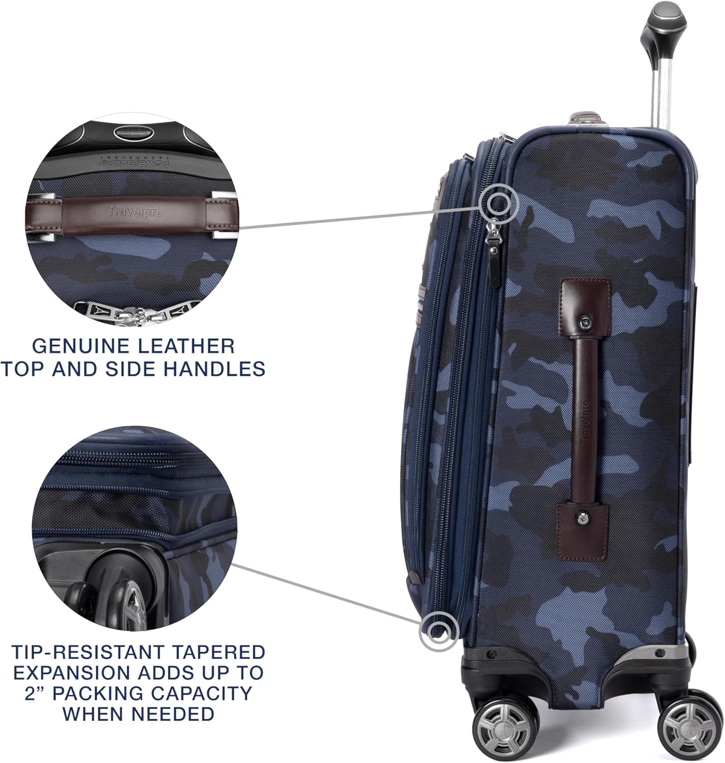 Travelpro Platinum Elite Softside Expandable Carry on Luggage, 8 Wheel Spinner Suitcase, USB Port, Suiter, Men and Women, Navy Camouflage, Carry On 21-Inch