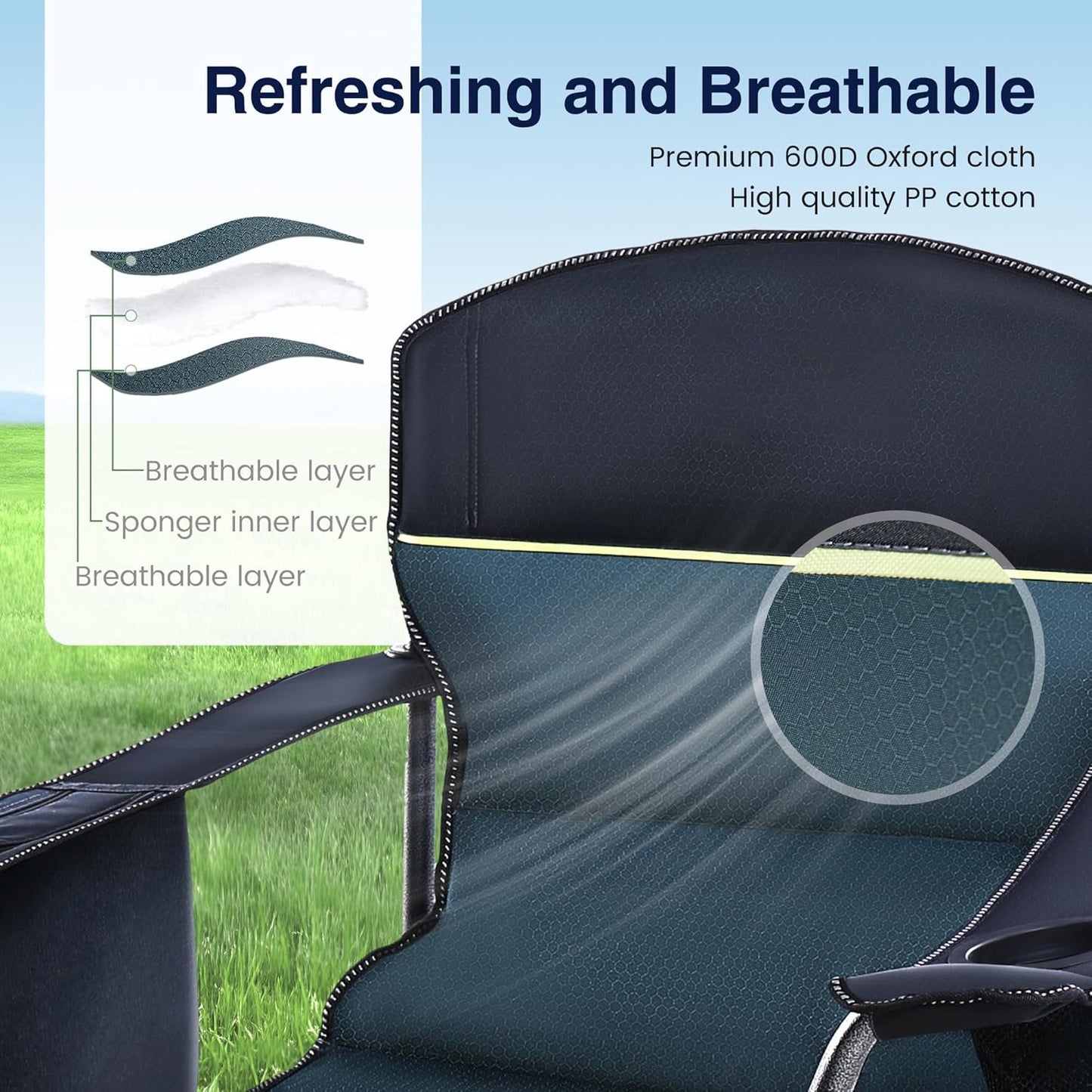 HIGH POINT SPORTS Oversized Camping Folding Chair, Heavy Duty Portable Outdoor Chair, Foldable Camp Chair with Cup Holder and Cooler Bag Support 450 LBS, 2 Pack, Green