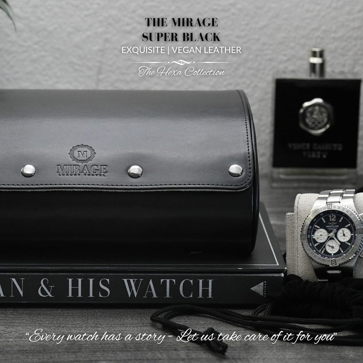 Black Watch Case for Men - 6-watch Roll Travel Case by Mirage - Super Black motif design