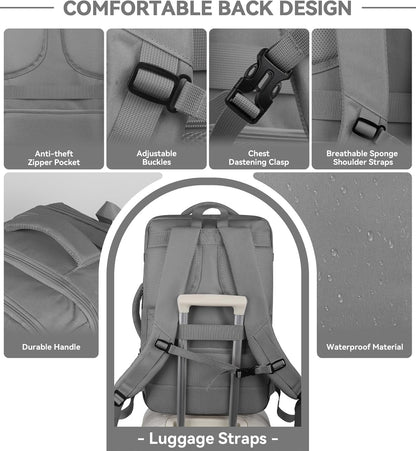 Carry On Backpack, 50L Extra Travel Laptop Backpack for Men Women, Big Bag Business Travel Essentials Gifts for men, 17 Inch Laptop Backpack Computer Bag Gifts for Him Men, Grey