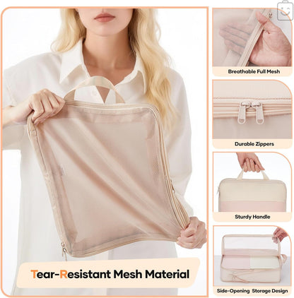 Veken 2/6/9/11 Set Compression Packing Cubes for Travel Essentials,Compressible Expandable Large Luggage Suitcase Organizer Bags for Clothing,Durable Space Saver Storage Bags(Beige)