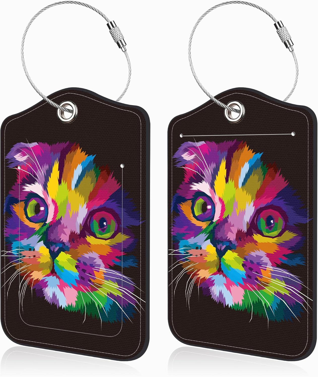 2 Pcs Cute Cat Luggage Tags for Suitcases PU Leather Colorful Art Kitten Animal Baggage Tags Name ID Label with Privacy Cover and Stainless Steel Loop for Men Women Travel Bag Suitcase