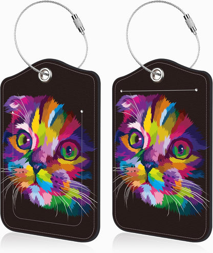 2 Pcs Cute Cat Luggage Tags for Suitcases PU Leather Colorful Art Kitten Animal Baggage Tags Name ID Label with Privacy Cover and Stainless Steel Loop for Men Women Travel Bag Suitcase