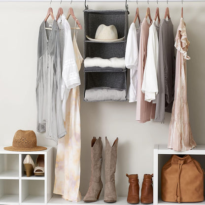 Household Essentials 3 Shelf Hanging Closet Organizer, Hanging Shelf with Hooks, Poly Linen and PEVA Shelving