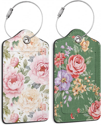 Vintage Beautiful Floral 2 Pack Luggage Tag for Suitcase, Cute Unique Leather Bag Tags Identifiers Privacy Cover ID Label with Durable Steel Loop for Women Men Kids Girls Travel