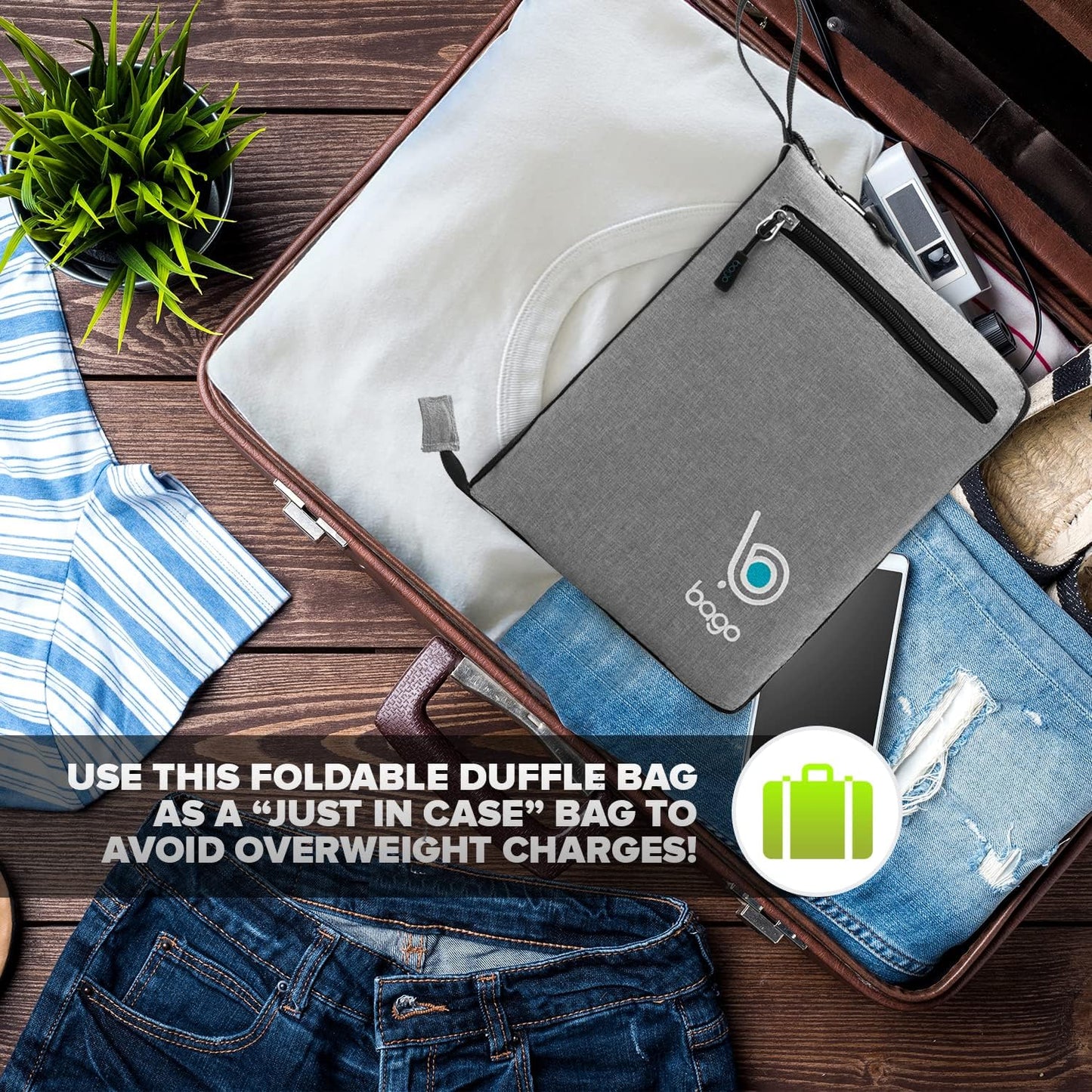 Bago Foldable Duffel Bags for Traveling Women & Men - 40L Sports Packable Duffle Bag for Travel with Shoe Compartment - Water Repellant, Heavy Duty, Lightweight Folding & Collapsible (SnowGray)