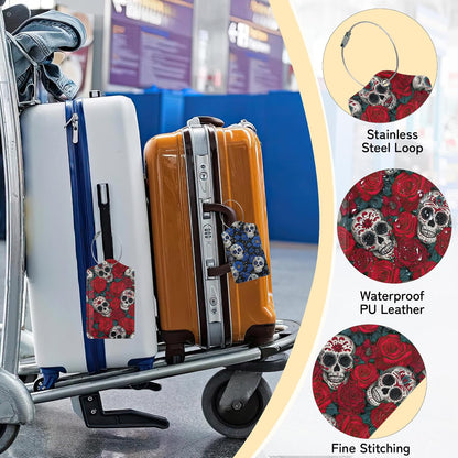 3 Pack PU Sugar Skull and Flowers Leahter Luggage Tag with Stainless Steel Loop,Travel Suitcase Labels with Privacy Cover ID Label Quickly Spot for Bags