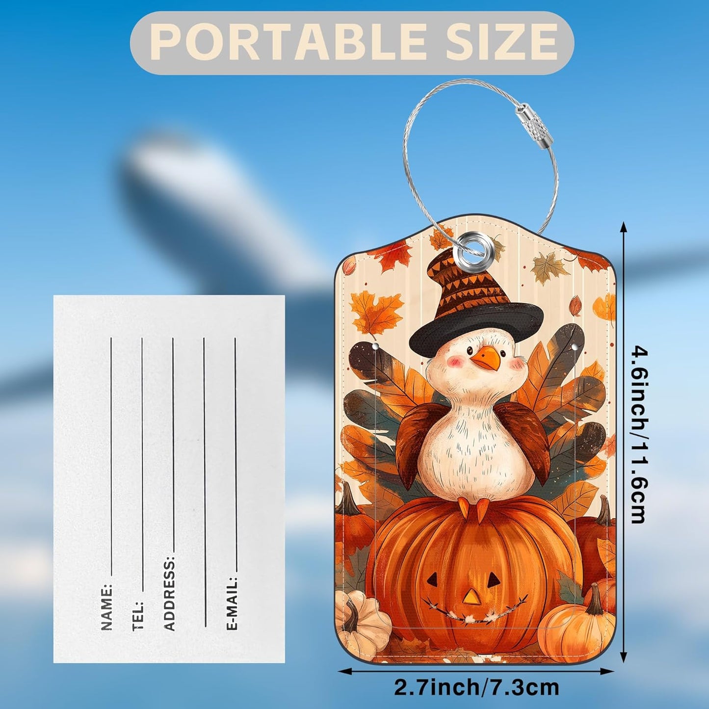 2 Pcs Cartoon Turkey and Pumpkin Luggage Tags for Suitcases Autumn PU Leather Baggage Tags Name ID Label with Privacy Cover and Stainless Steel Loop for Men Women Travel Bag Suitcase