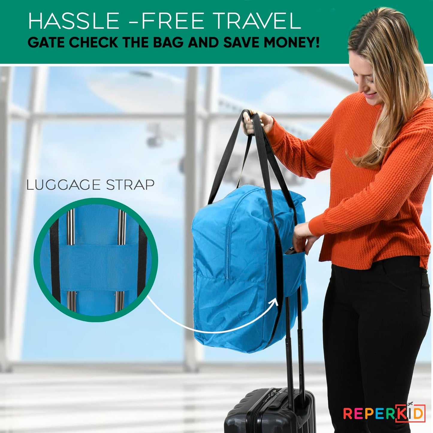 Reperkid Booster Seat Travel Bag for Airplane, Blue, 17" H x 16.5" W x 9.5" D, Compatible with Gb Pockit Stroller and Most Boosters– Premium Waterproof Cover, Hand Bag Design, Durable Zipper