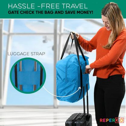 Reperkid Booster Seat Travel Bag for Airplane, Blue, 17" H x 16.5" W x 9.5" D, Compatible with Gb Pockit Stroller and Most Boosters– Premium Waterproof Cover, Hand Bag Design, Durable Zipper