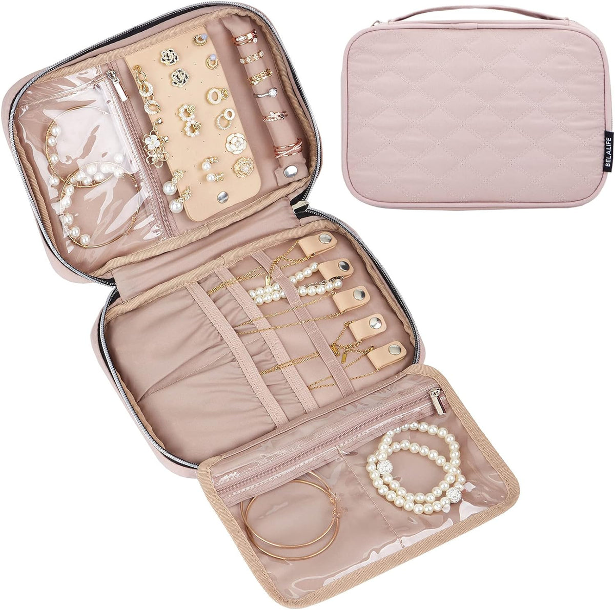 BELALIFE Travel Jewelry Organizer, Portable Storage Case for Earrings, Rings, Necklaces, Bracelets, Pink