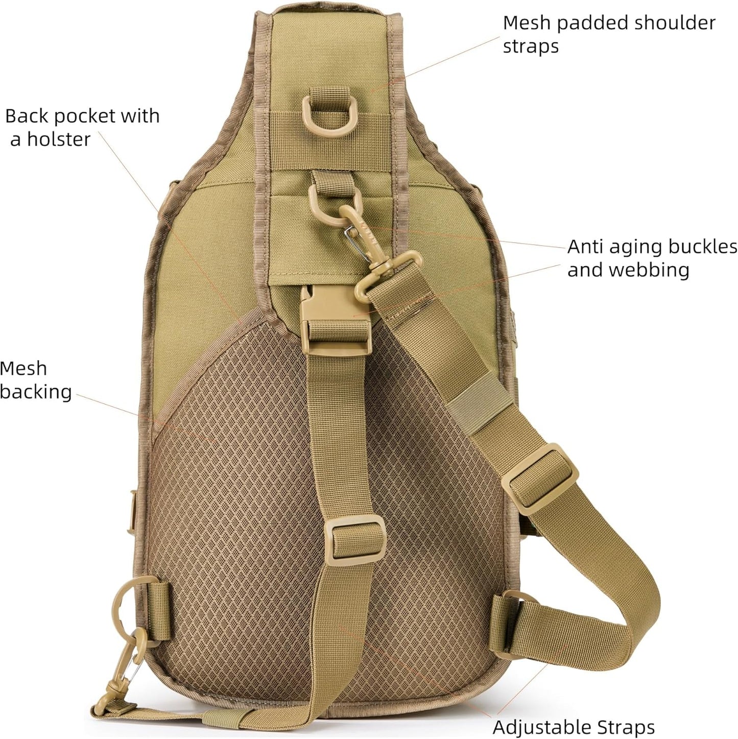 15L Tactical Crossbody Sling Bag | Everyday One Shoulder Backpack Fit 12 Inch Laptop, Molle, Daily Use, Travel, Hiking (Tan)